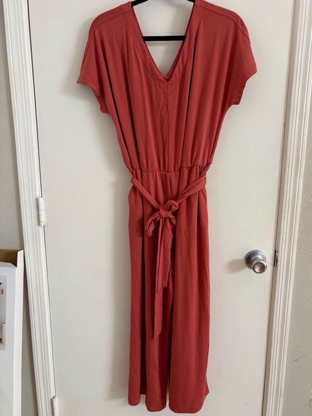 AnyBody Lounge Wide Leg V-Neck Jumpsuit Rust Coral Small